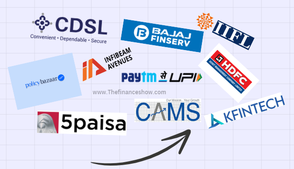 Company logos for financial services on a blue background.