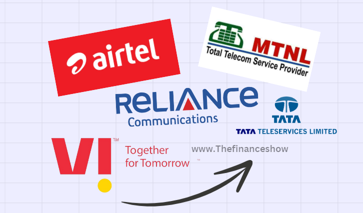 A collage of logos for Indian telecom companies, including MTNL, Airtel, Reliance Communications, and Tata Teleservices Limited.
